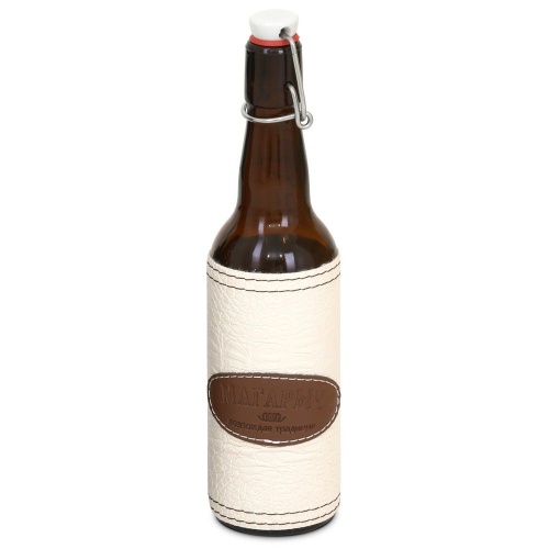 Купить  бутылка магарыч 0,75л коричневая с бугель-пробкой + чехол белый кожа/экокожа в интернет-магазине Айсберг!