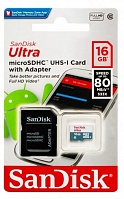 Карта памяти SD-micro 16Gb SanDisk Ultra  SDHC UHS-I Class 10 +Adapter (SDSQUNS-016G-GN3MA)